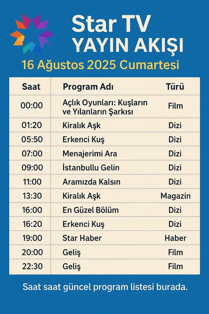 Star TV Yayın Akışı BUGÜN 16 Ağustos 2025 – Cumartesi